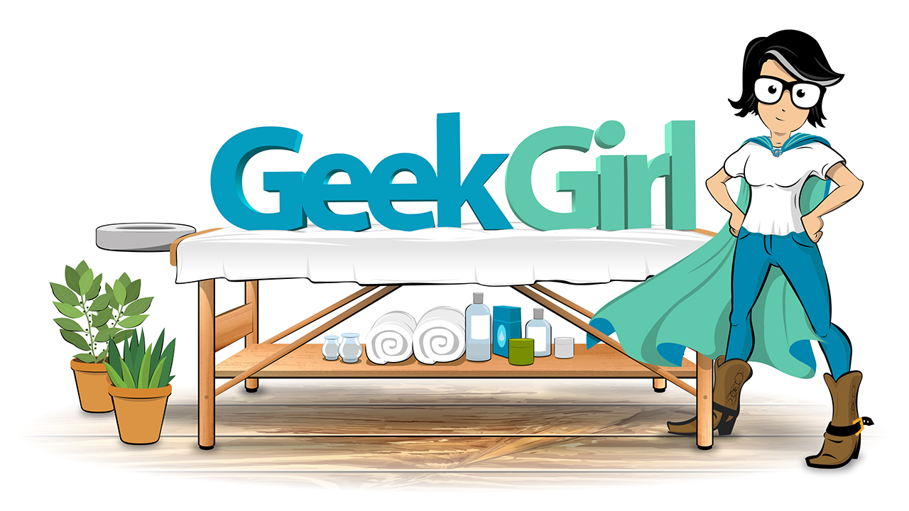 Geek Girl Massage HERO image. Drawing of a massage table with Geek Girl.